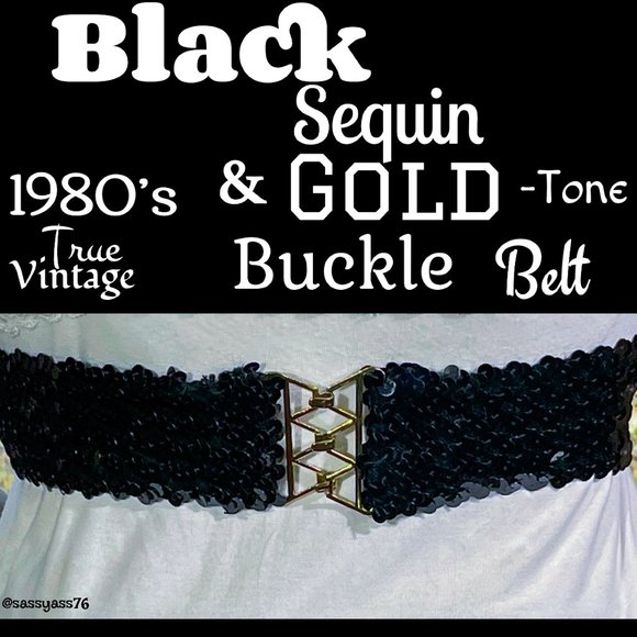 Vintage Accessories - ▪️VTG▪️1980's Black Sequins & Gold-Tone Metal Buckle Retro Glam Belt